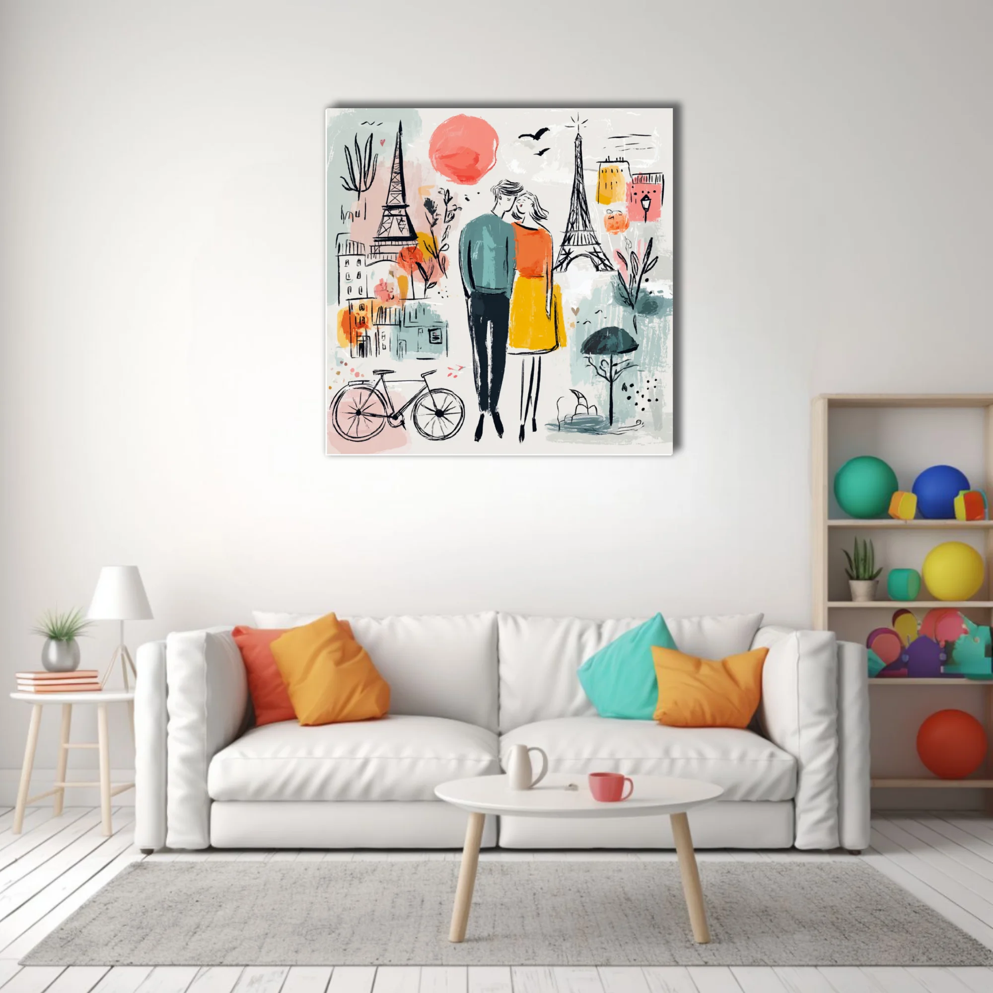 Whimsical Paris romance illustration, couple embracing, Eiffel Tower, teal mustard coral palette