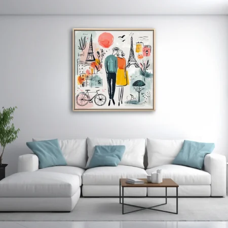 Whimsical Paris romance illustration, couple embracing, Eiffel Tower, teal mustard coral palette