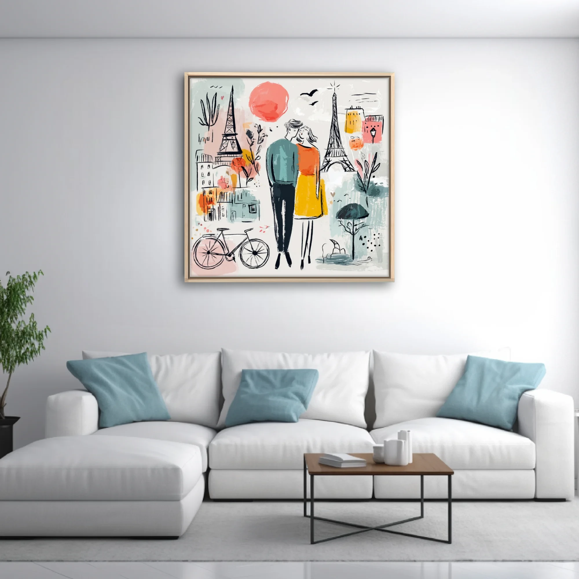 Whimsical Paris romance illustration, couple embracing, Eiffel Tower, teal mustard coral palette