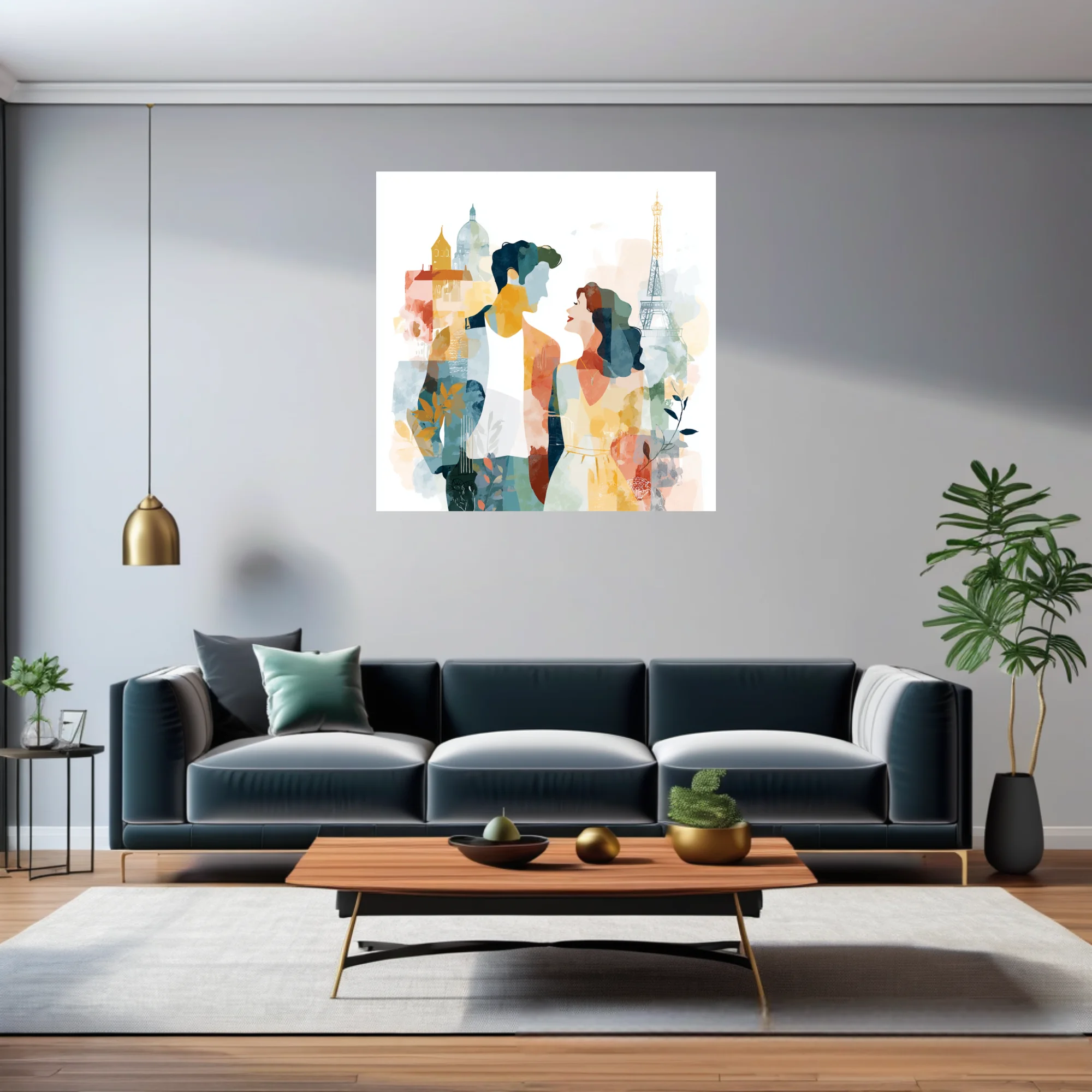 Watercolor-style romantic couple in Paris with Eiffel Tower and soft pastel tones