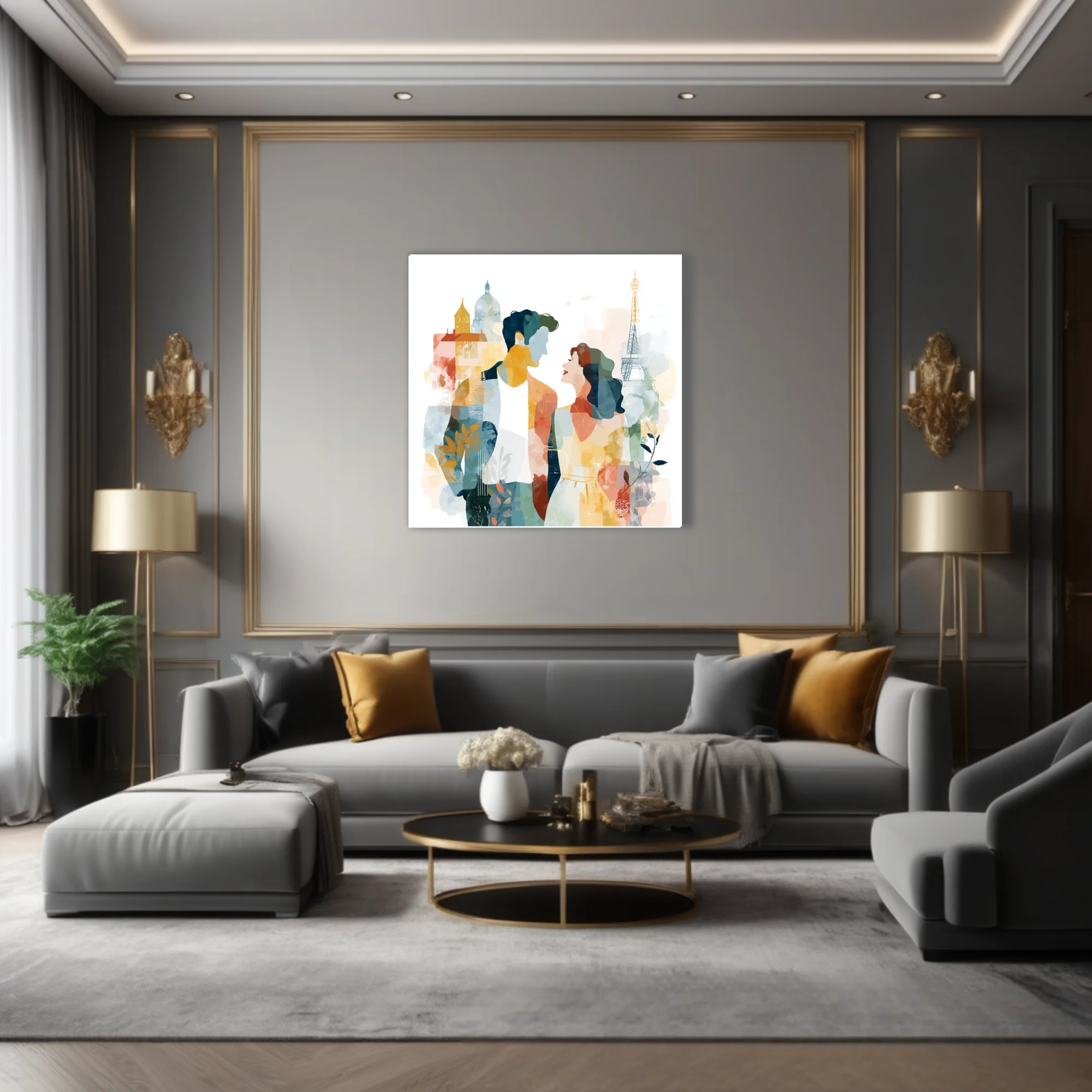Watercolor-style romantic couple in Paris with Eiffel Tower and soft pastel tones
