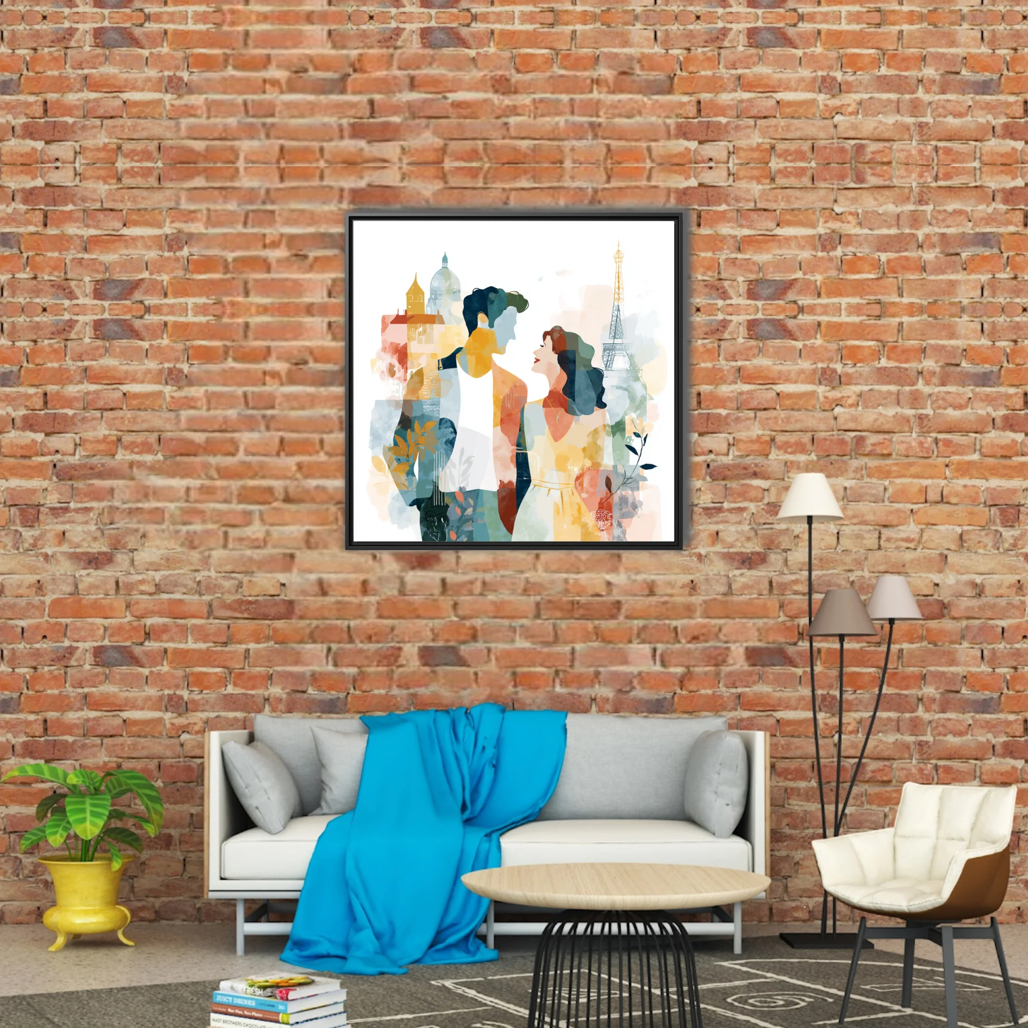 Watercolor-style romantic couple in Paris with Eiffel Tower and soft pastel tones