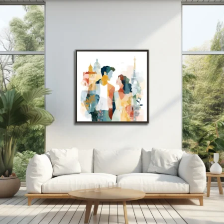 Watercolor-style romantic couple in Paris with Eiffel Tower and soft pastel tones