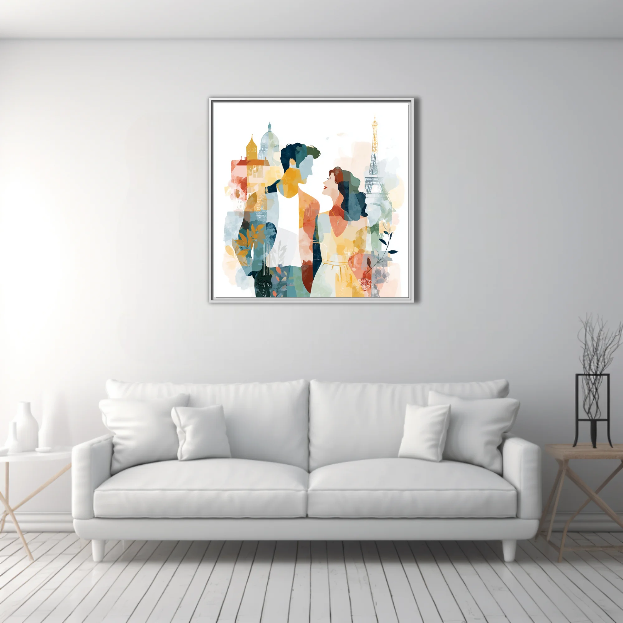 Watercolor-style romantic couple in Paris with Eiffel Tower and soft pastel tones
