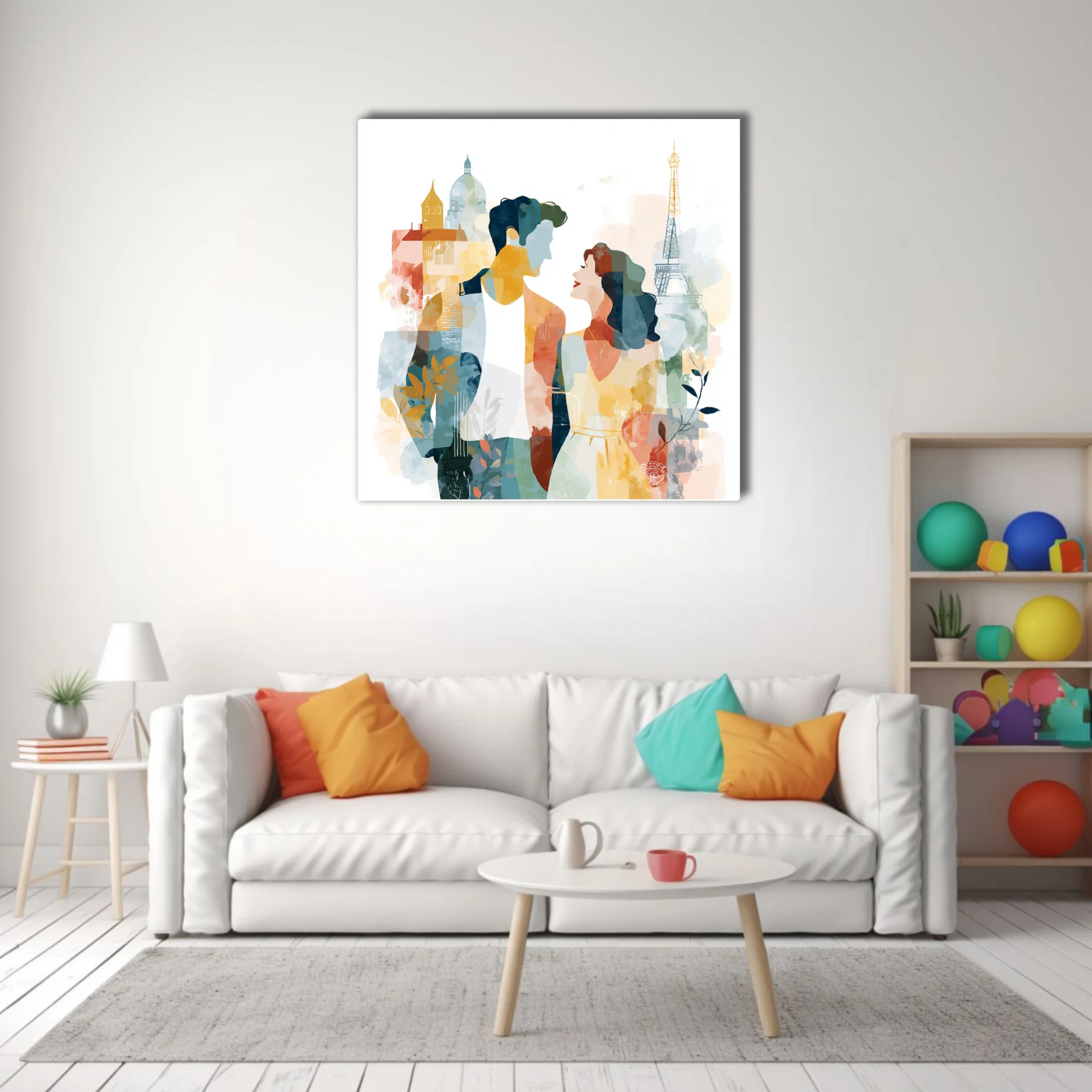 Watercolor-style romantic couple in Paris with Eiffel Tower and soft pastel tones