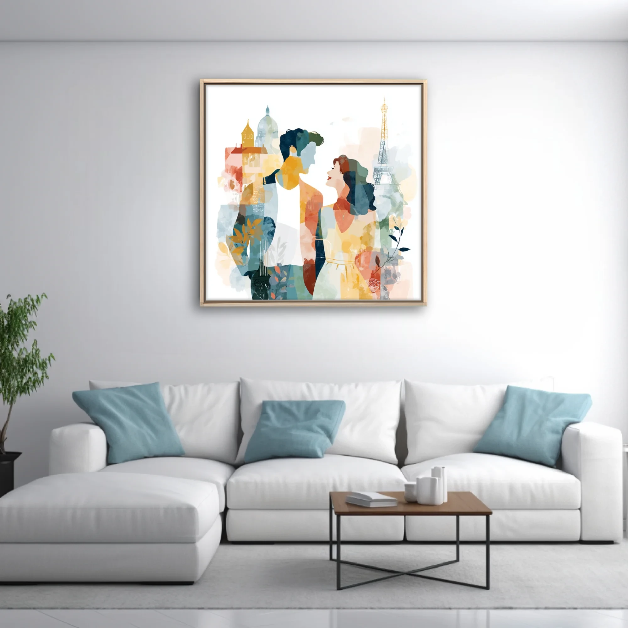 Watercolor-style romantic couple in Paris with Eiffel Tower and soft pastel tones