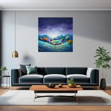 Whimsical night landscape with glowing cottages, colorful trees, and starlit sky