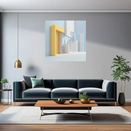 Minimalist architectural geometry in soft blue, white, and gold tones