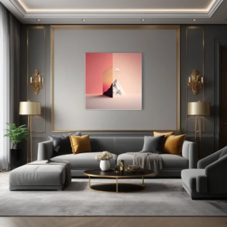 Minimalist dreamlike mountain duality in blush coral and pale geometric tones