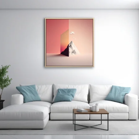 Minimalist dreamlike mountain duality in blush coral and pale geometric tones