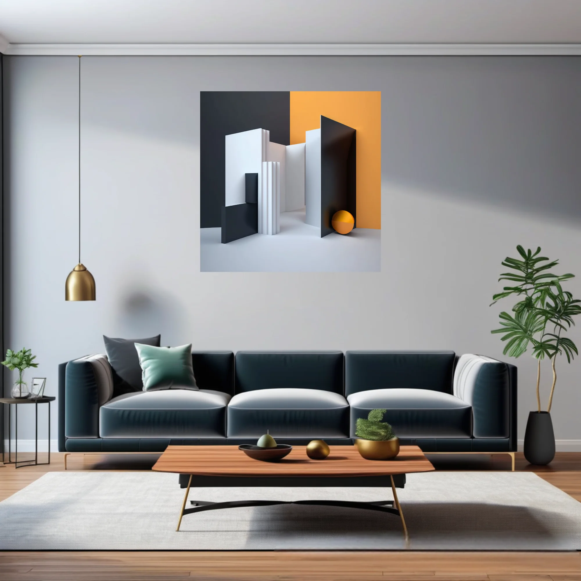 Minimalist geometric abstract architecture in charcoal, white, and amber tones