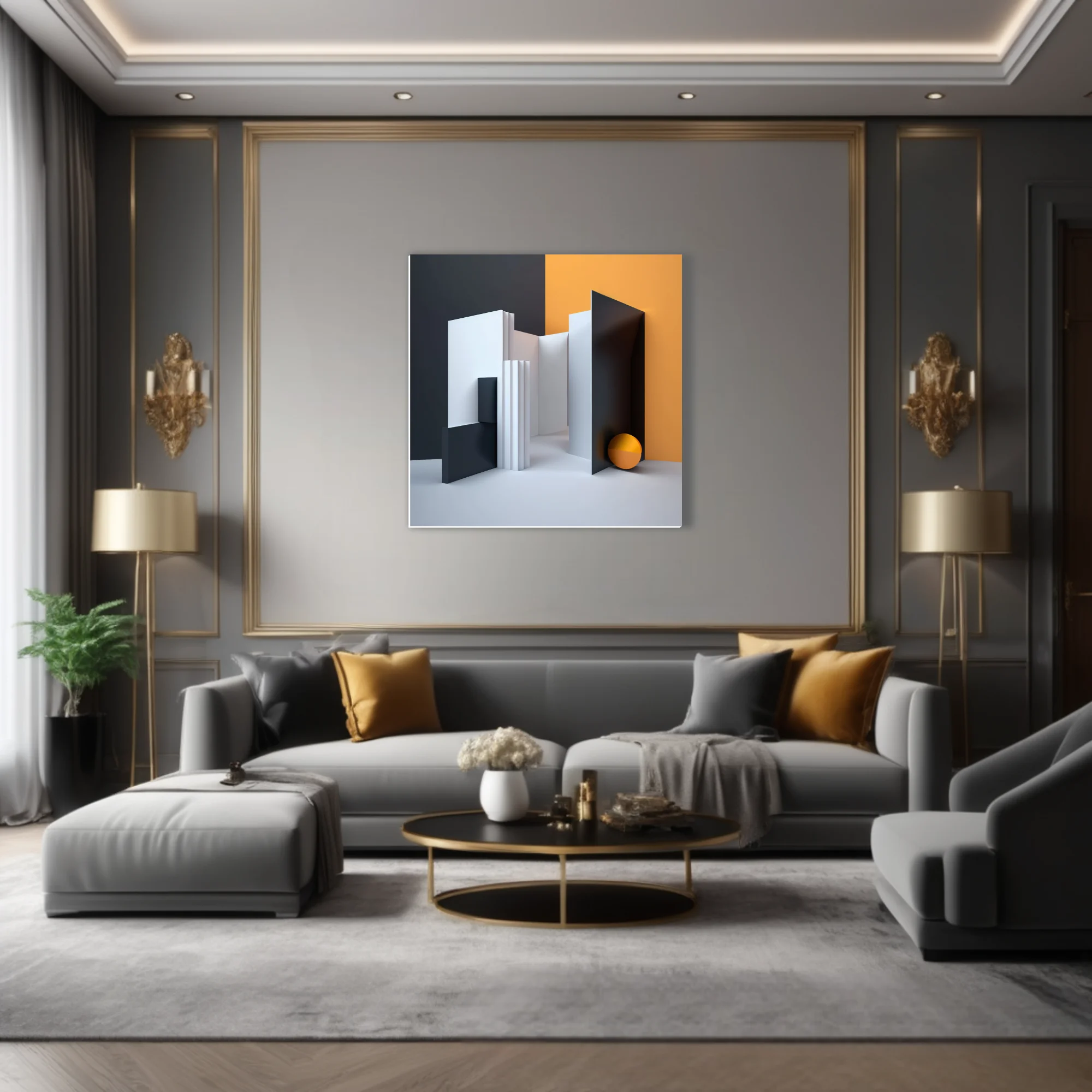 Minimalist geometric abstract architecture in charcoal, white, and amber tones