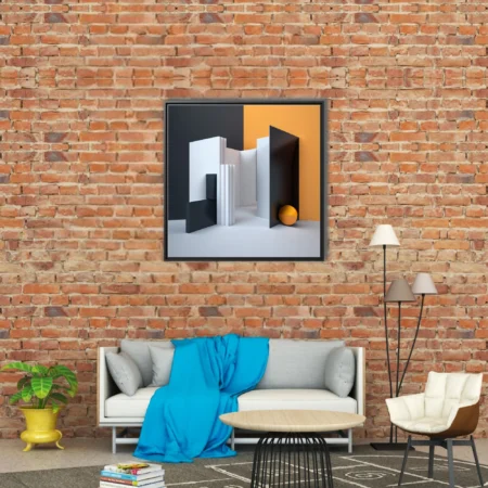 Minimalist geometric abstract architecture in charcoal, white, and amber tones