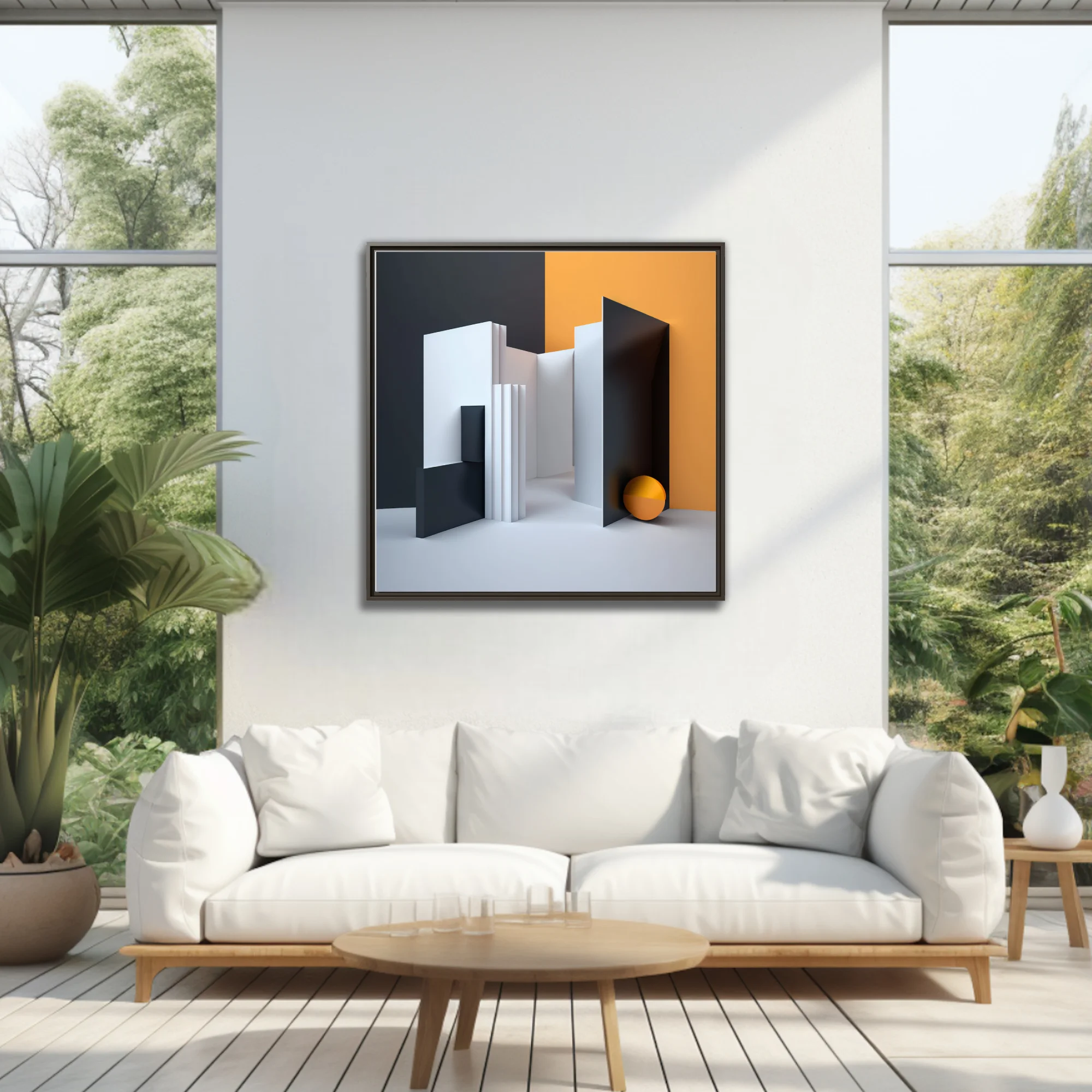 Minimalist geometric abstract architecture in charcoal, white, and amber tones