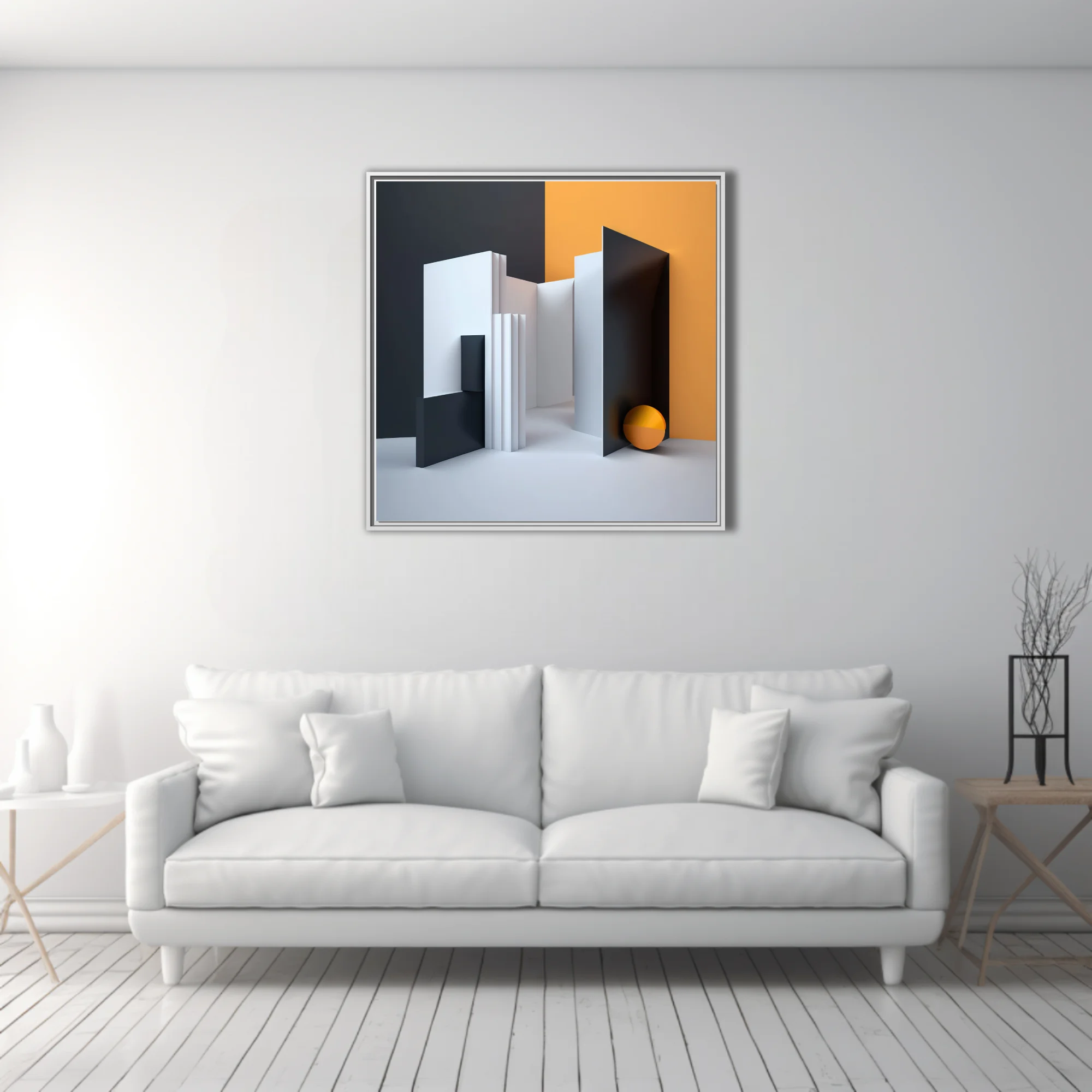 Minimalist geometric abstract architecture in charcoal, white, and amber tones