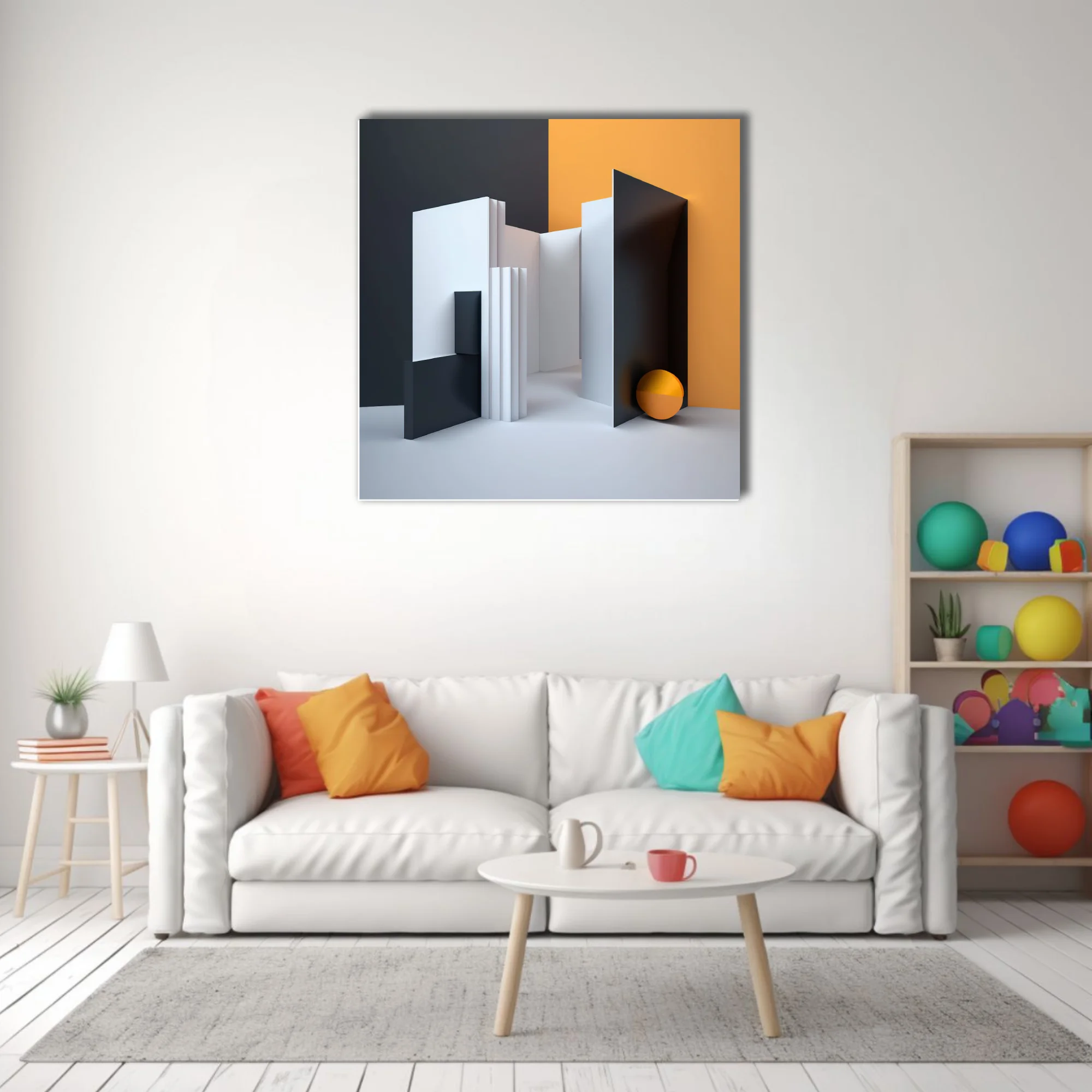 Minimalist geometric abstract architecture in charcoal, white, and amber tones