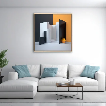 Minimalist geometric abstract architecture in charcoal, white, and amber tones