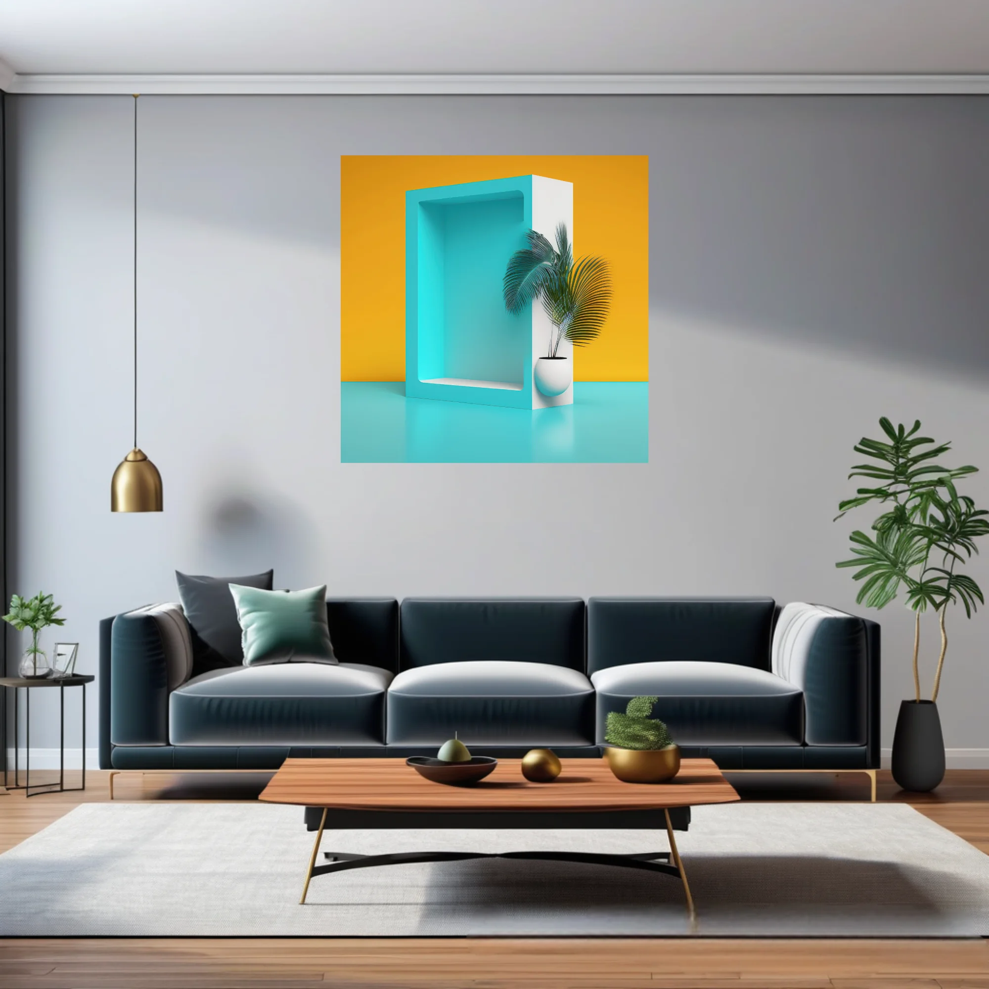 Minimalist teal niche display with tropical palm plant on amber background
