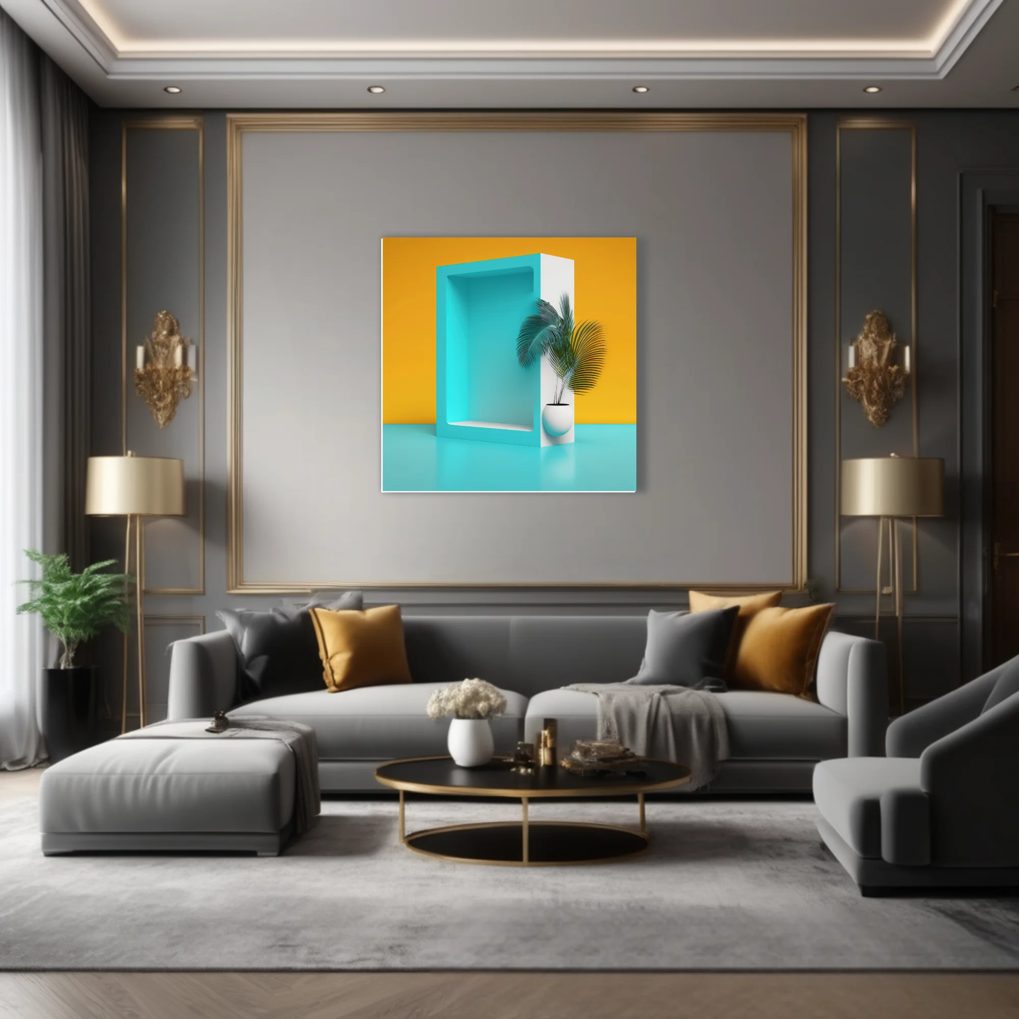 Minimalist teal niche display with tropical palm plant on amber background