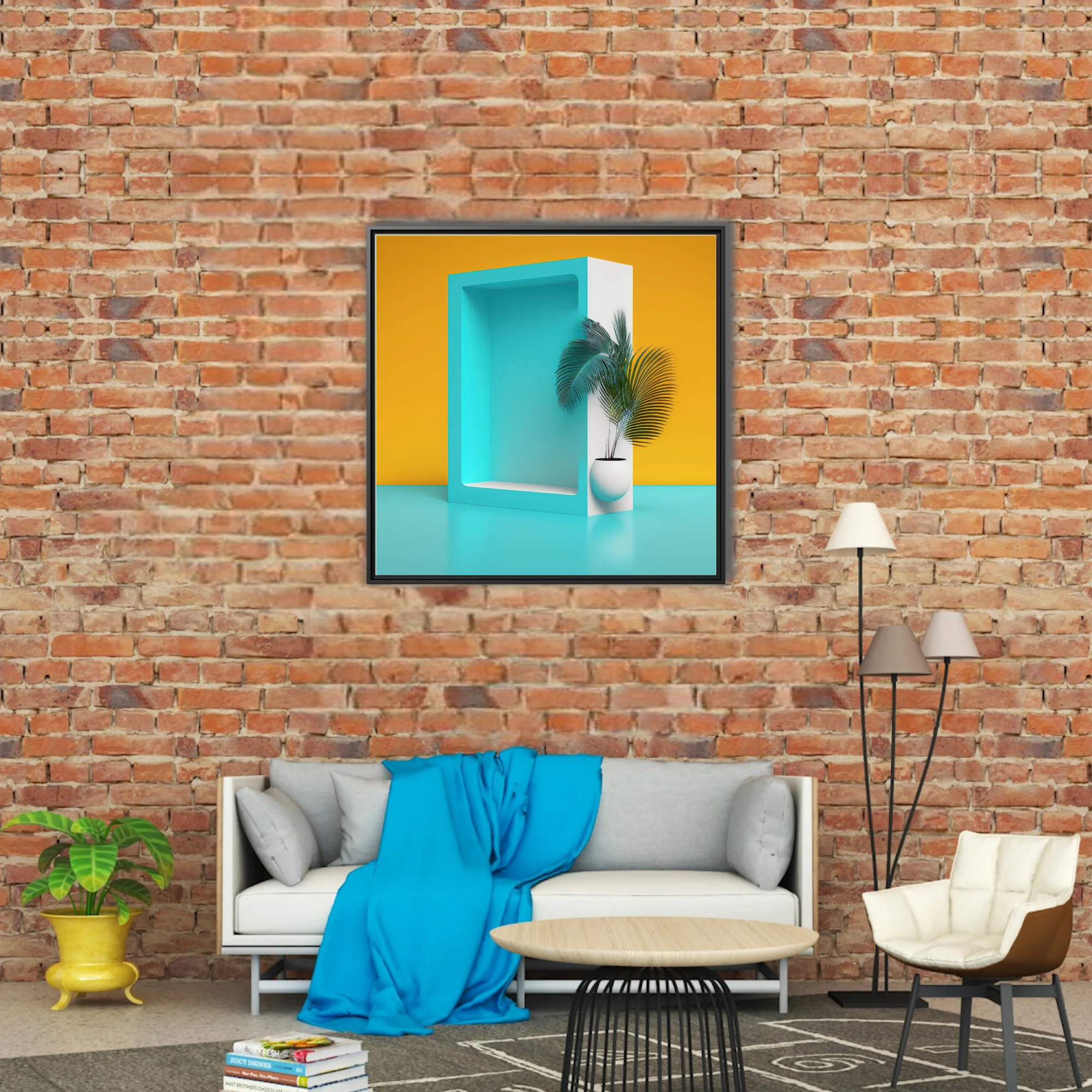 Minimalist teal niche display with tropical palm plant on amber background