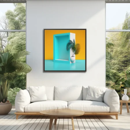 Minimalist teal niche display with tropical palm plant on amber background