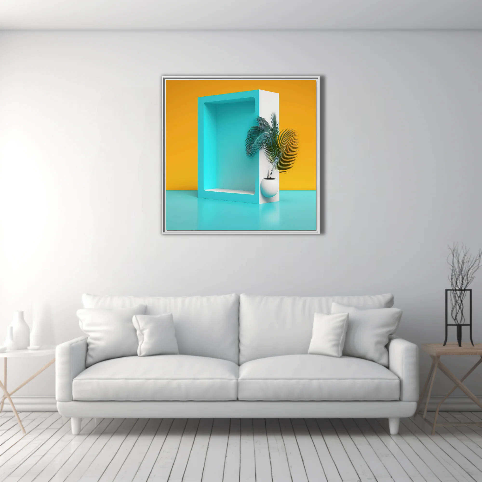 Minimalist teal niche display with tropical palm plant on amber background