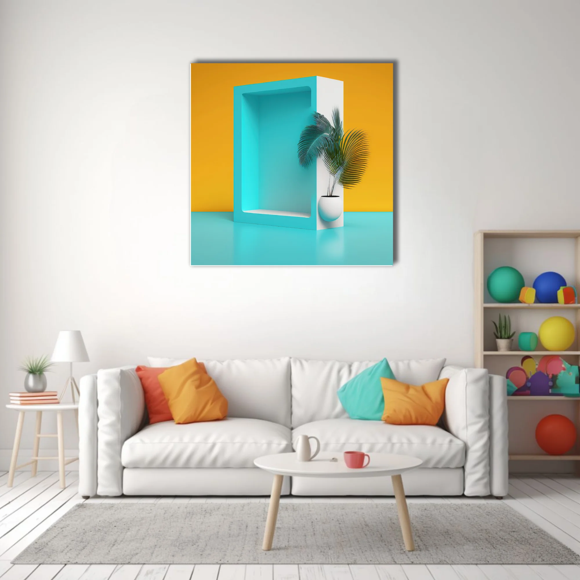 Minimalist teal niche display with tropical palm plant on amber background