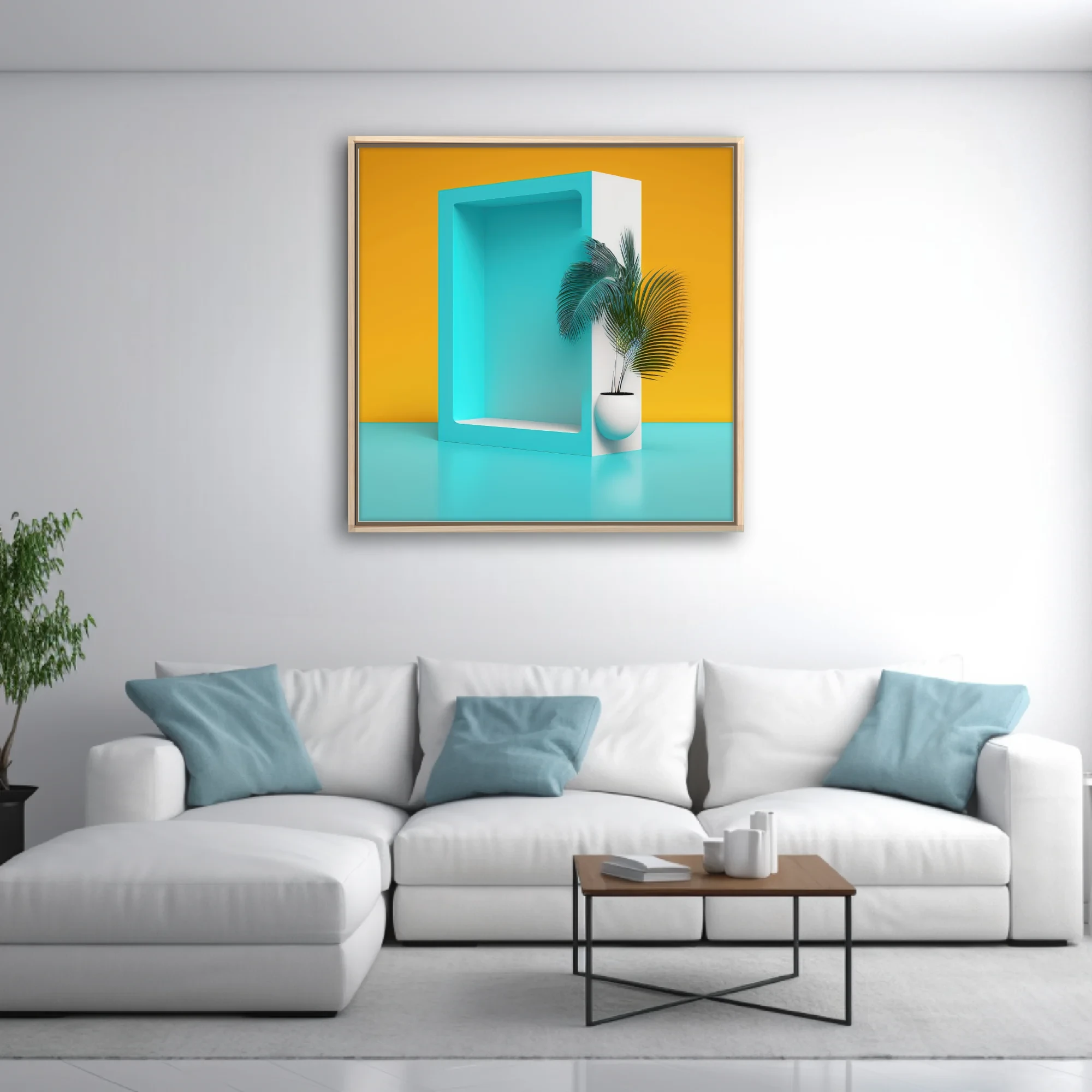 Minimalist teal niche display with tropical palm plant on amber background