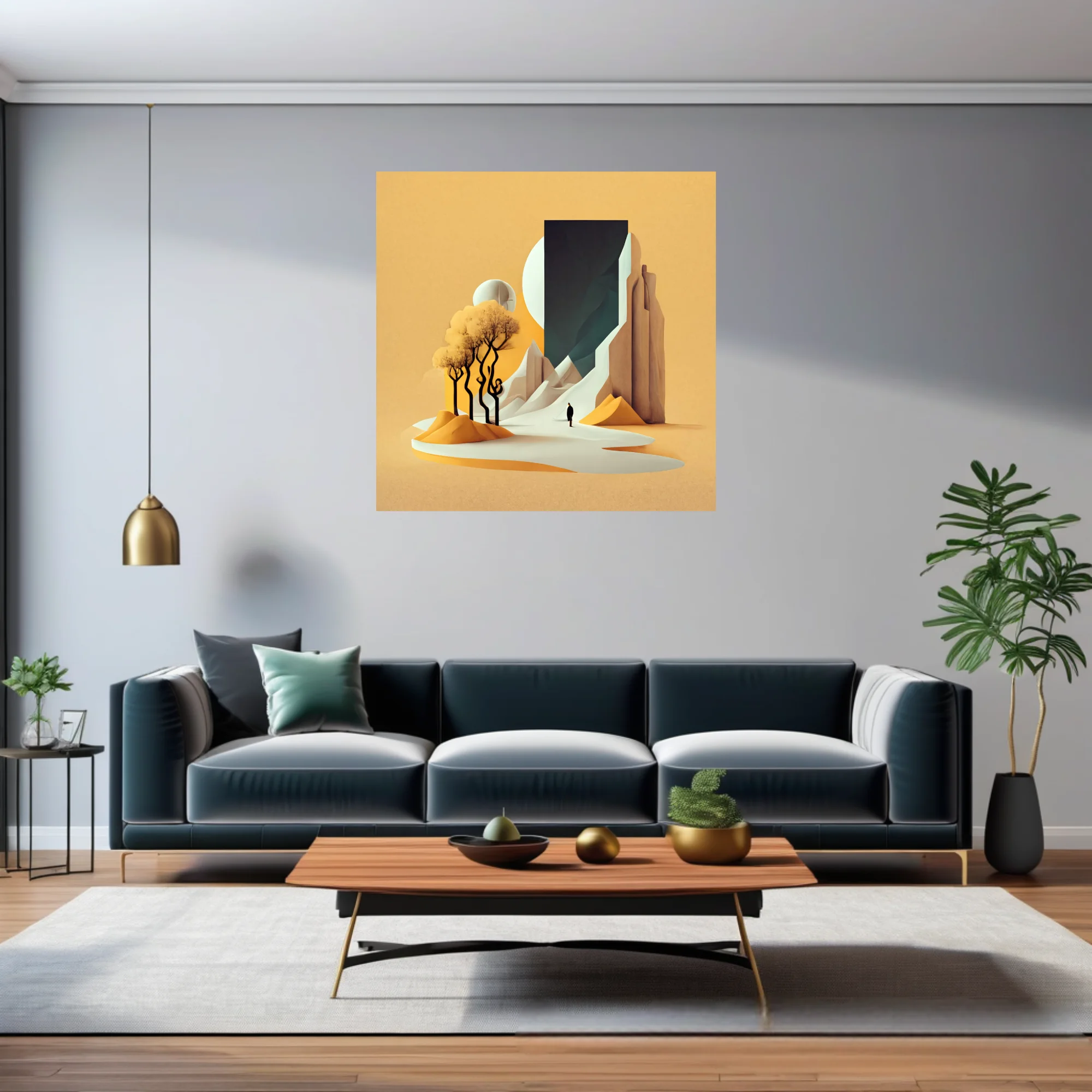 Minimalist surreal desert landscape with monolith portal, amber tones and lone figure