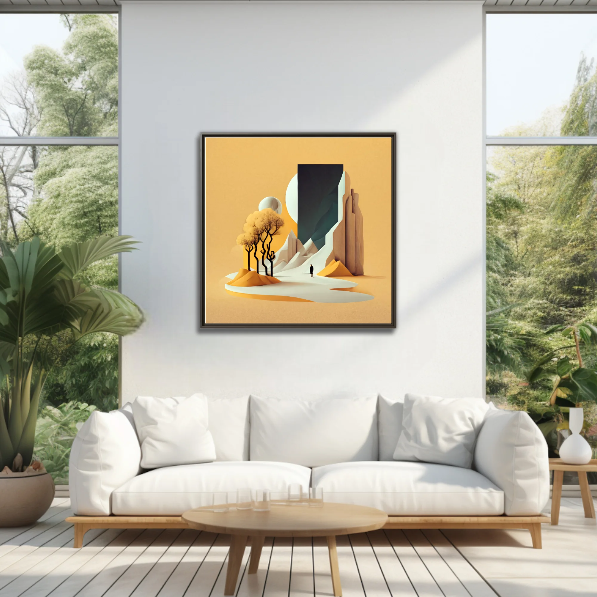 Minimalist surreal desert landscape with monolith portal, amber tones and lone figure