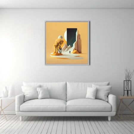 Minimalist surreal desert landscape with monolith portal, amber tones and lone figure
