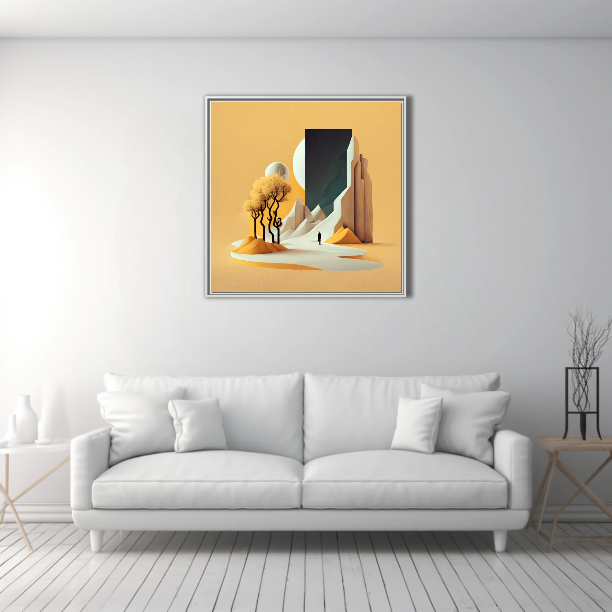 Minimalist surreal desert landscape with monolith portal, amber tones and lone figure