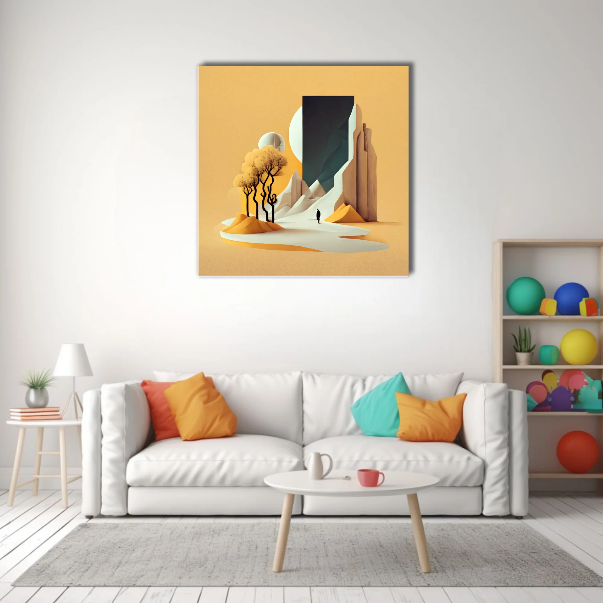 Minimalist surreal desert landscape with monolith portal, amber tones and lone figure