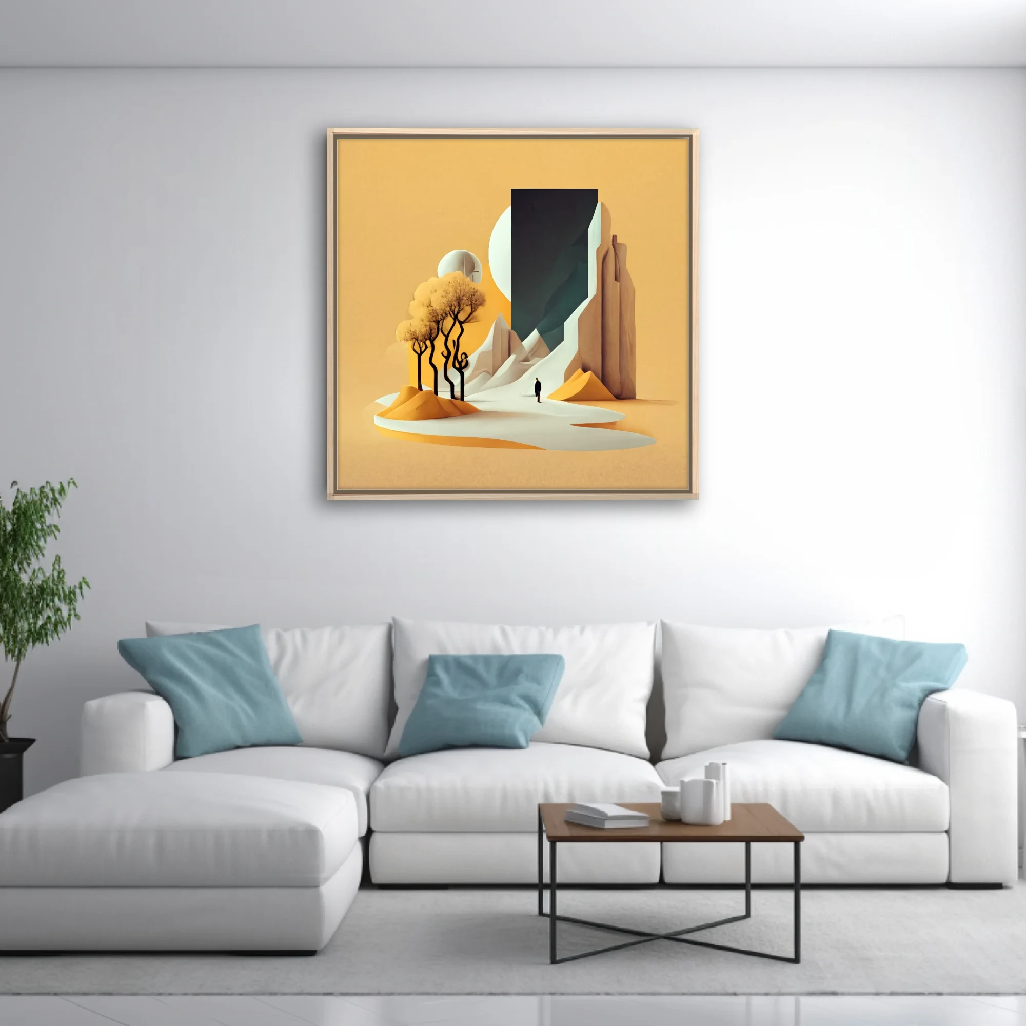 Minimalist surreal desert landscape with monolith portal, amber tones and lone figure