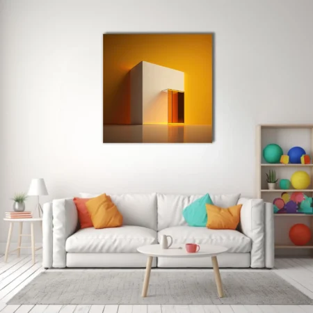 Minimalist architectural form warm amber glow white cube modern abstract wall art