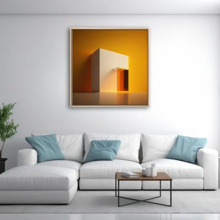 Minimalist architectural form warm amber glow white cube modern abstract wall art
