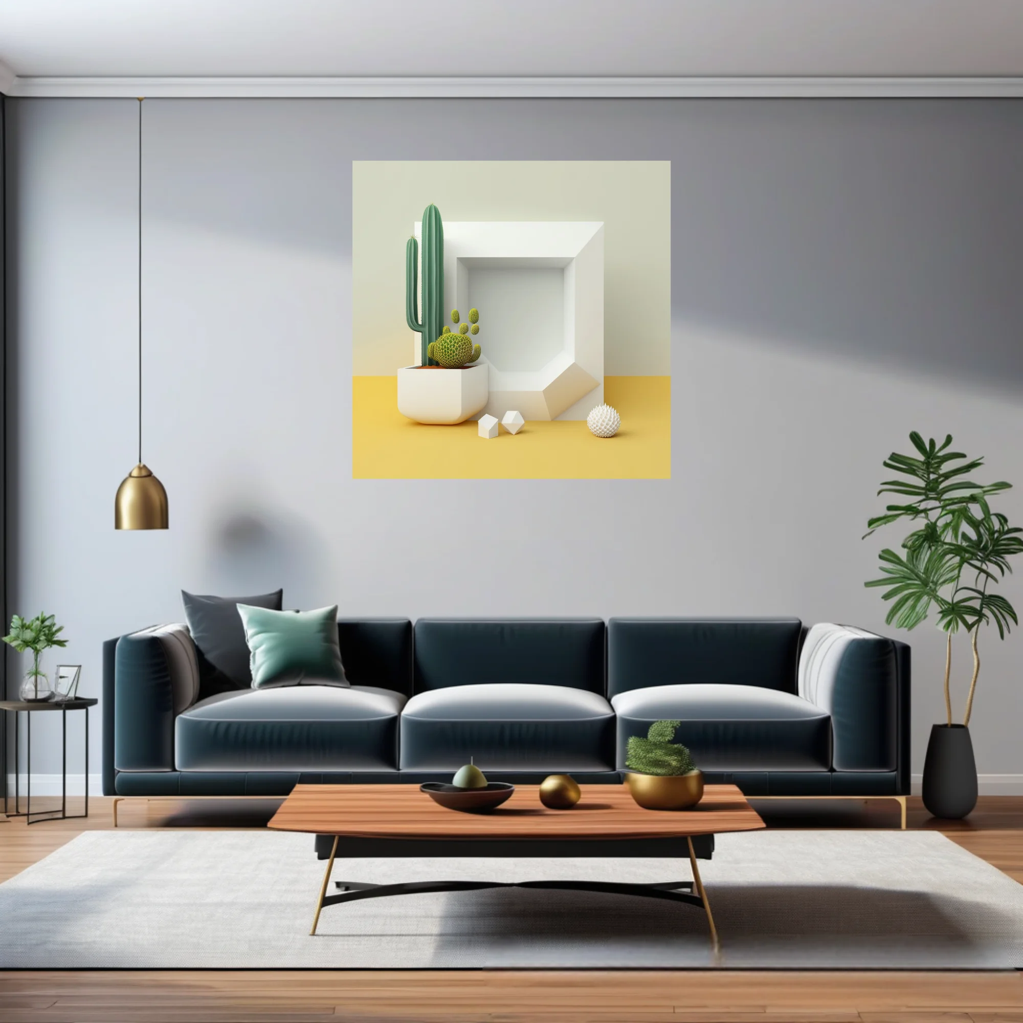 Minimalist still life with geometric white frame, cactus, and yellow surface