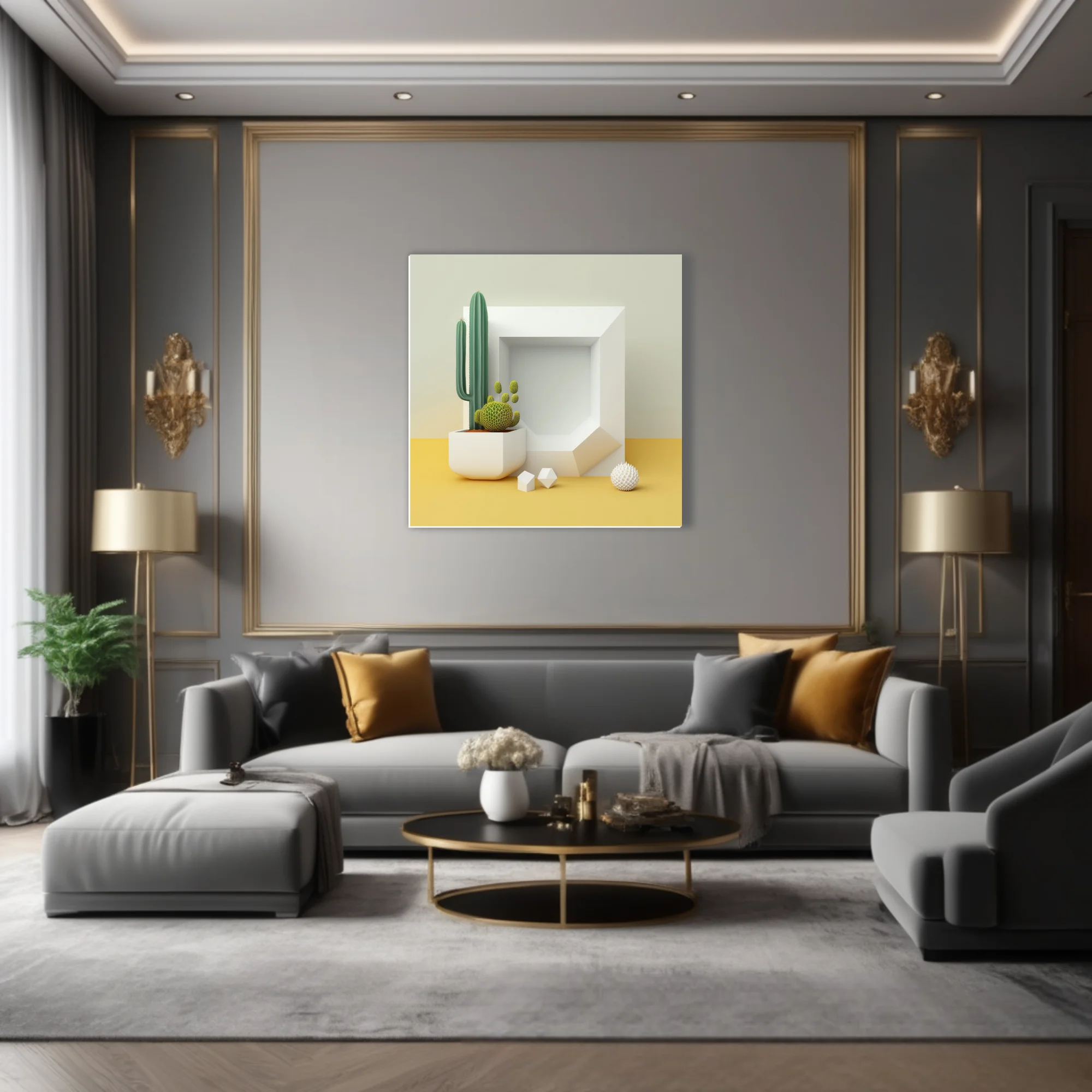Minimalist still life with geometric white frame, cactus, and yellow surface