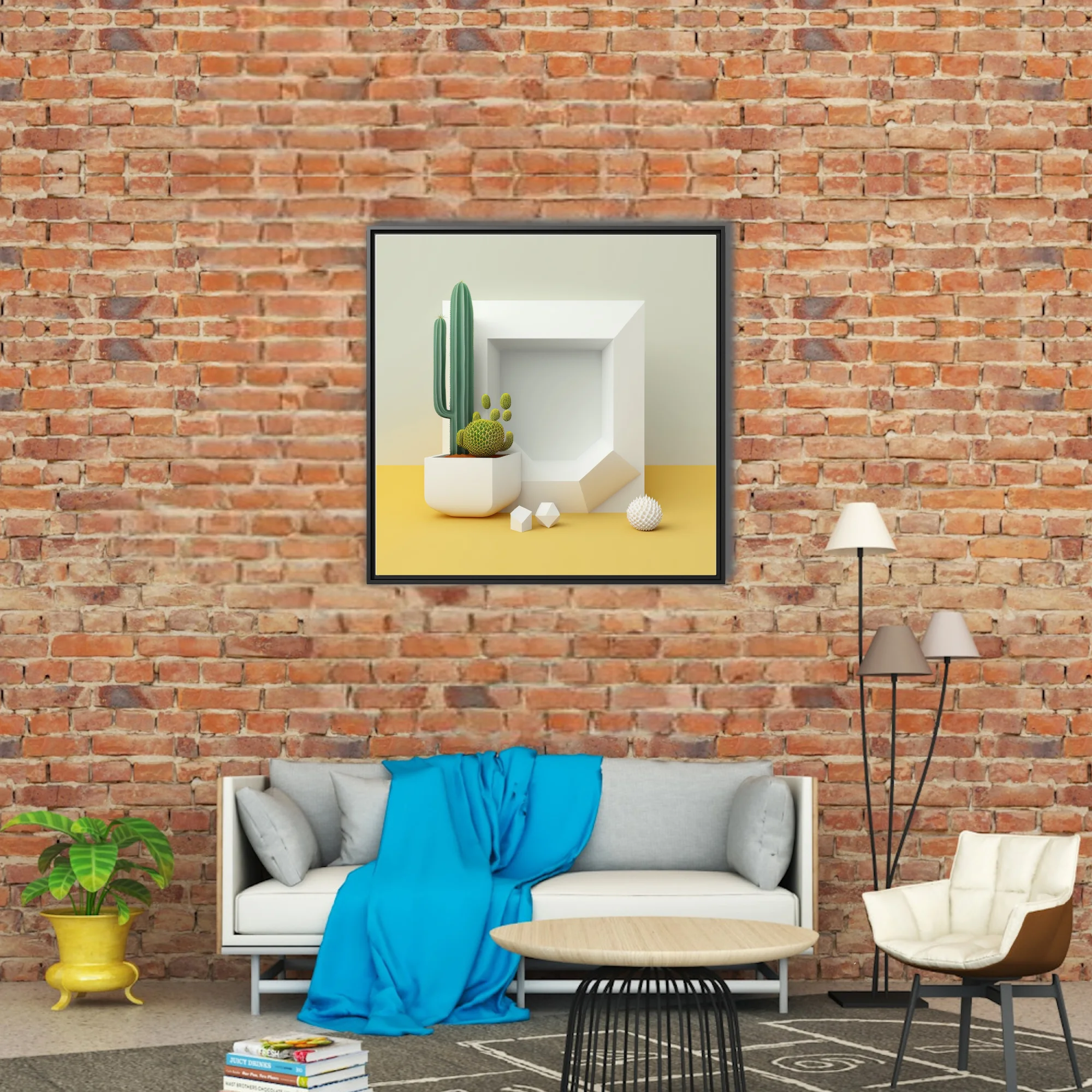 Minimalist still life with geometric white frame, cactus, and yellow surface