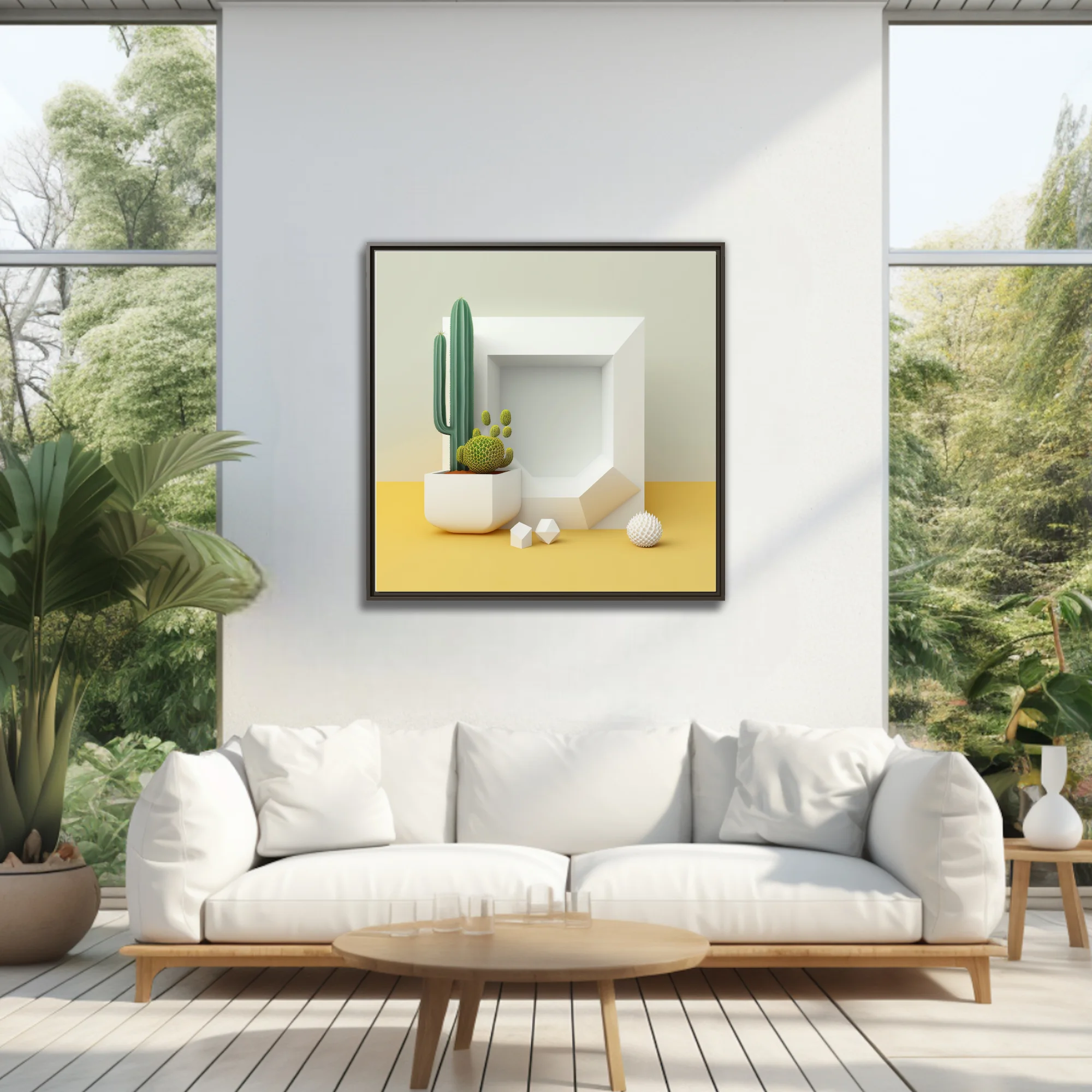 Minimalist still life with geometric white frame, cactus, and yellow surface