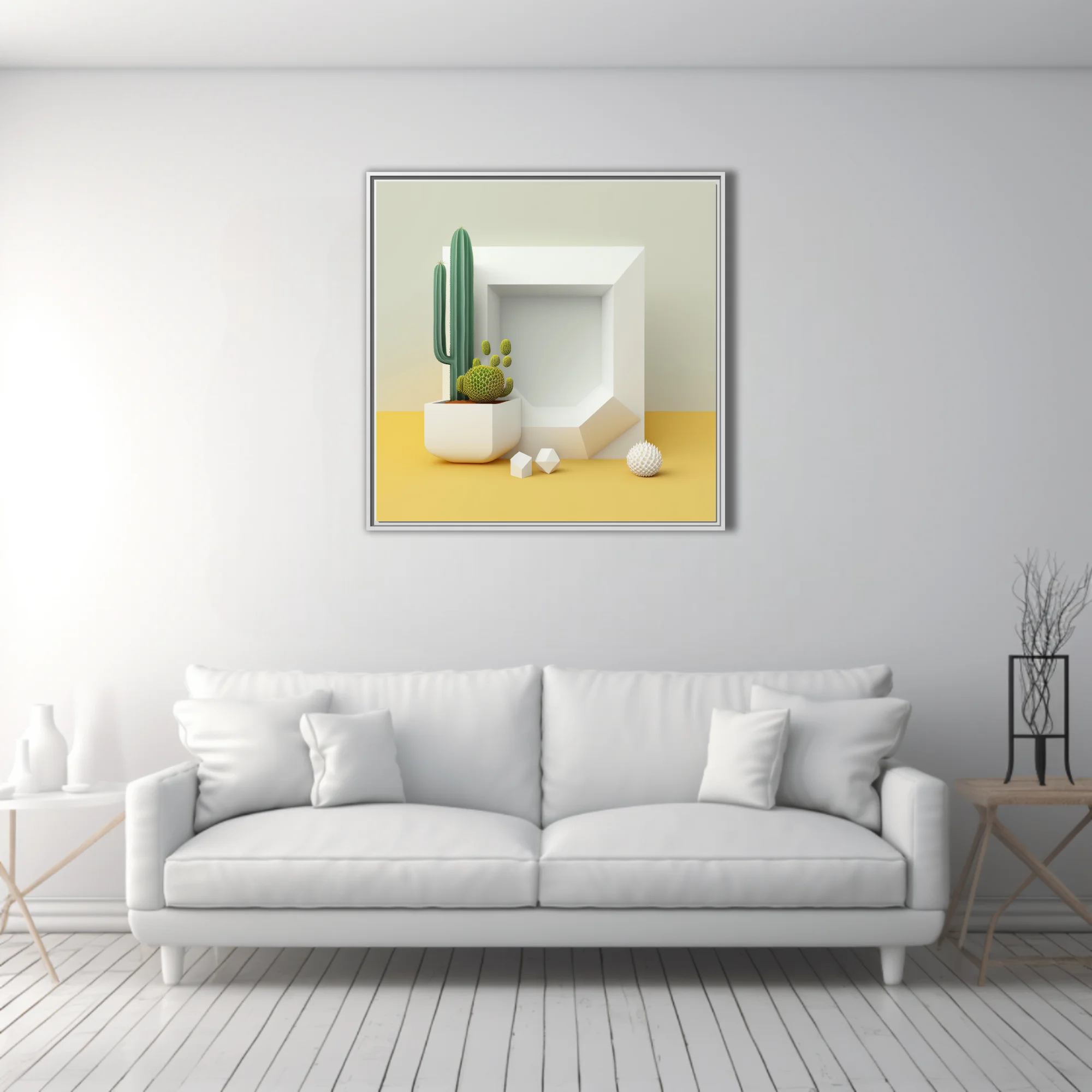 Minimalist still life with geometric white frame, cactus, and yellow surface