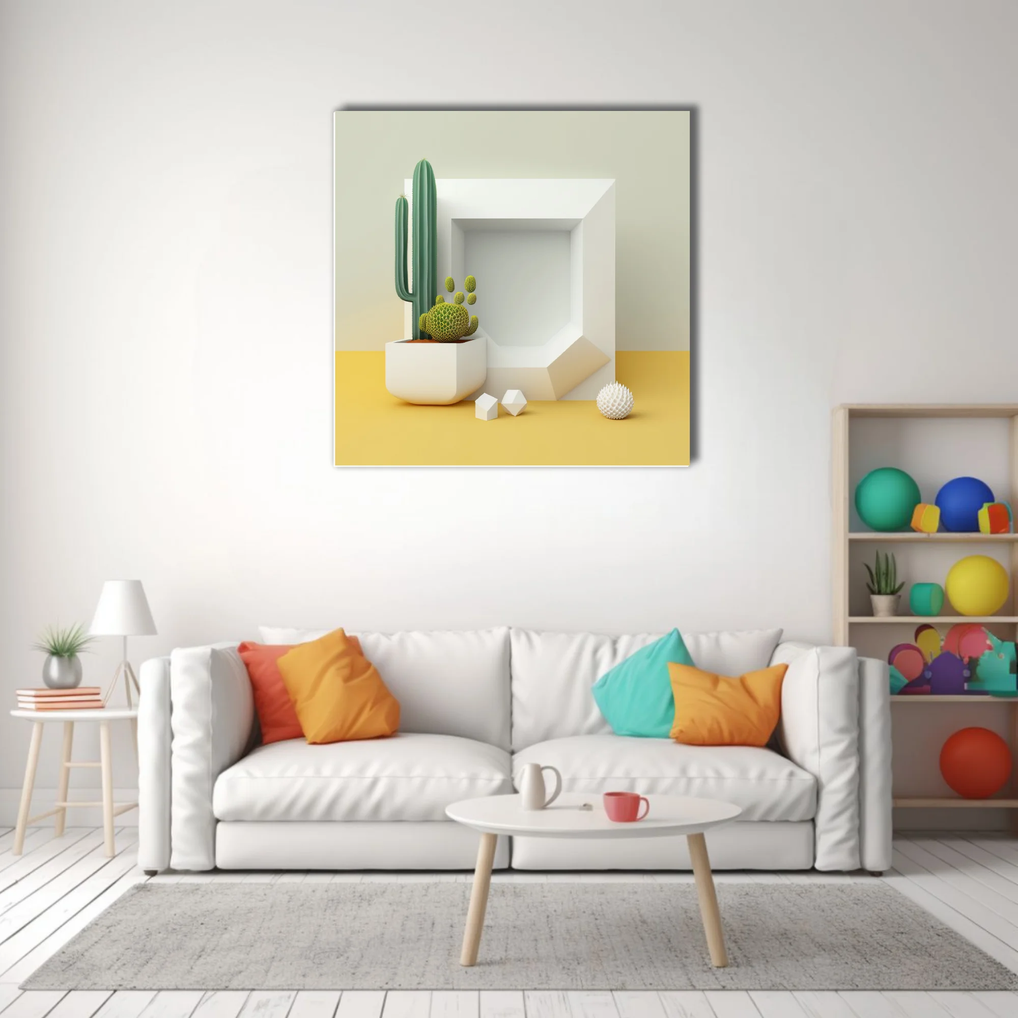 Minimalist still life with geometric white frame, cactus, and yellow surface