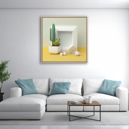 Minimalist still life with geometric white frame, cactus, and yellow surface