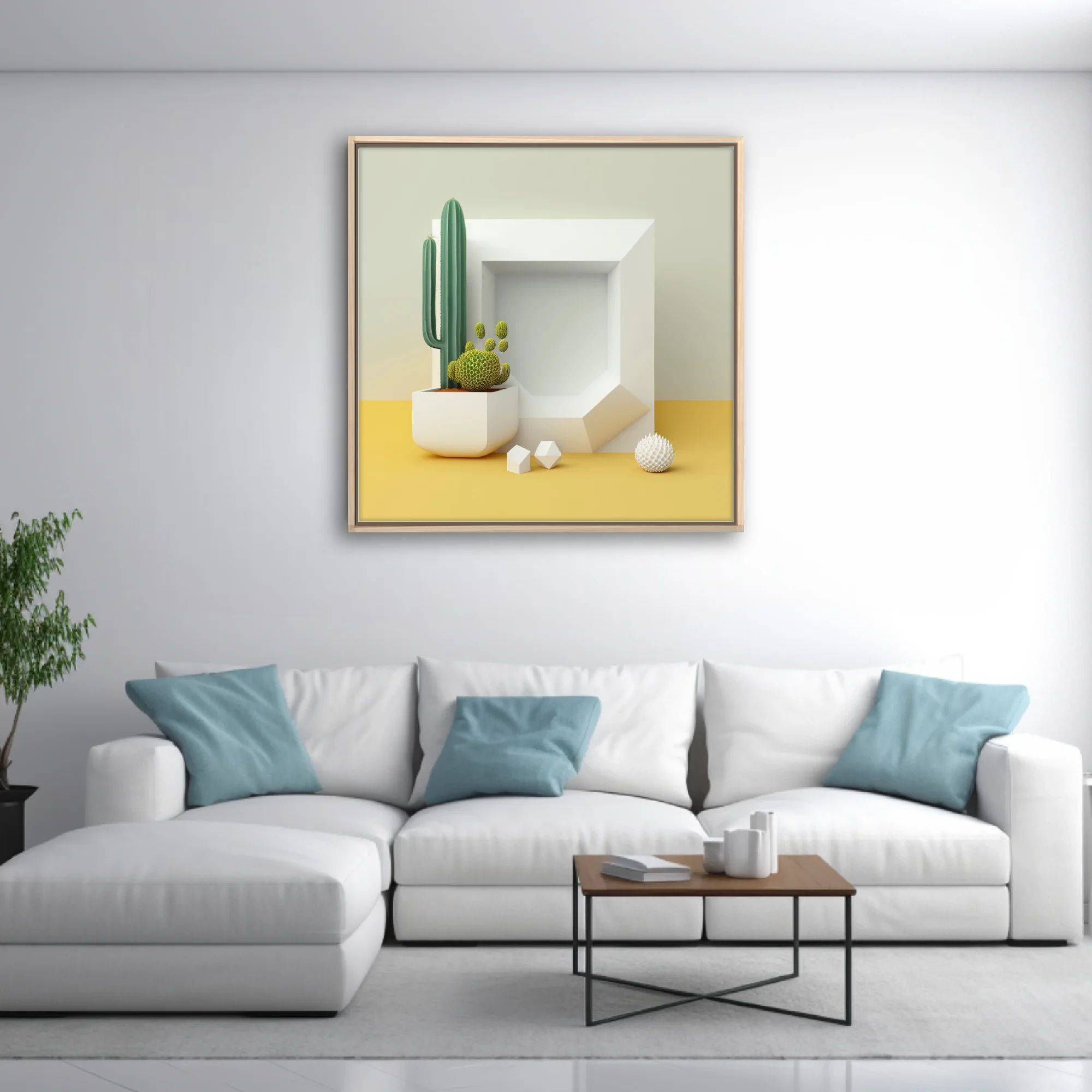 Minimalist still life with geometric white frame, cactus, and yellow surface