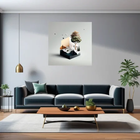 Minimalist dreamlike diorama with landscape, tree, and floating orbs on grey