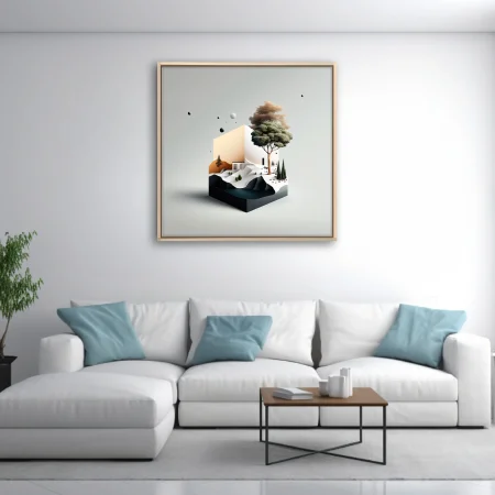 Minimalist dreamlike diorama with landscape, tree, and floating orbs on grey