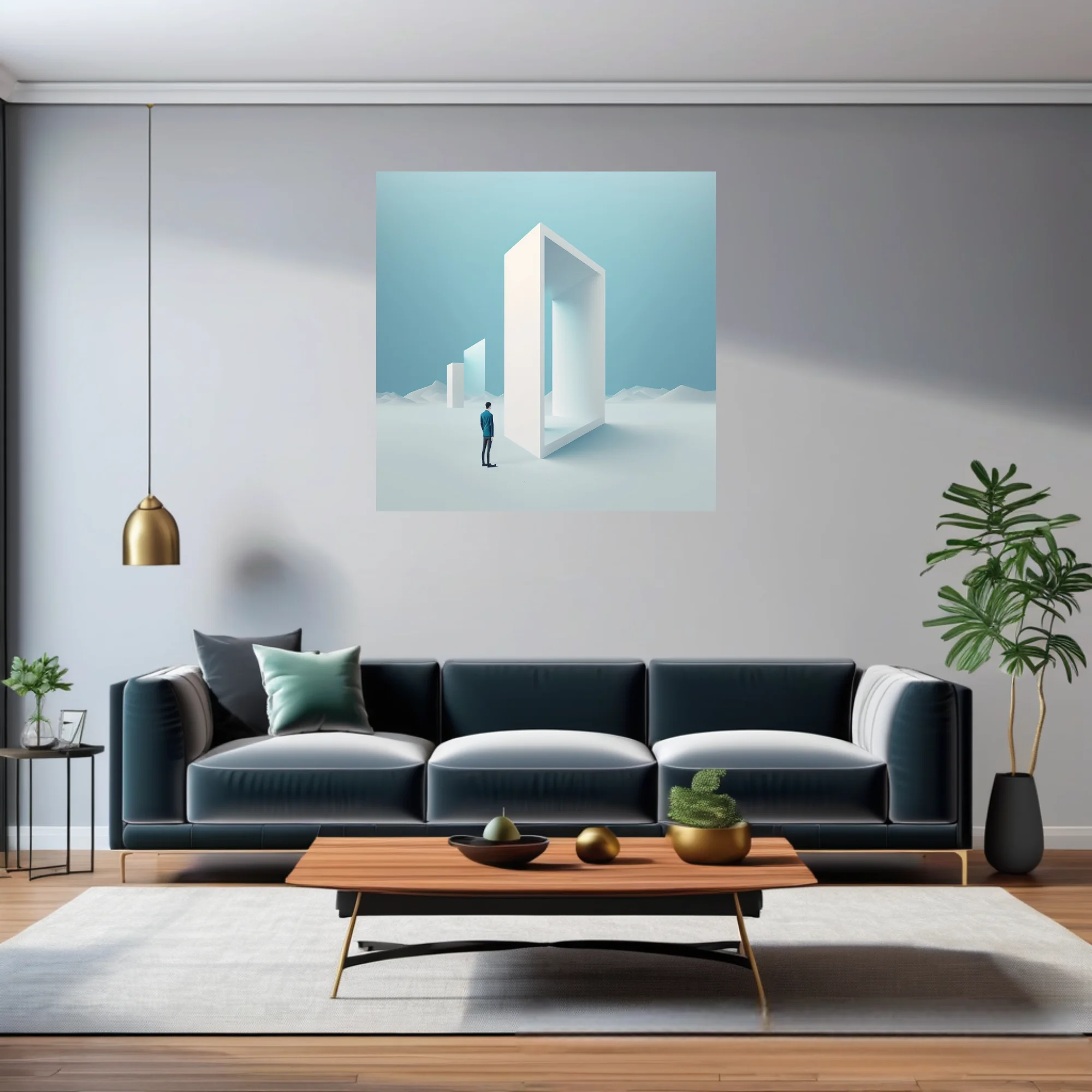 Minimalist dreamlike art — figure before giant white geometric portal, icy blue palette
