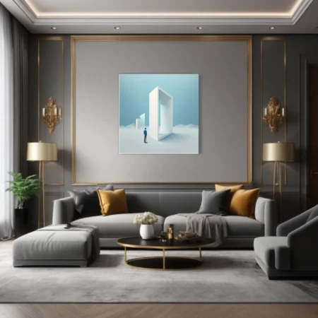 Minimalist dreamlike art — figure before giant white geometric portal, icy blue palette