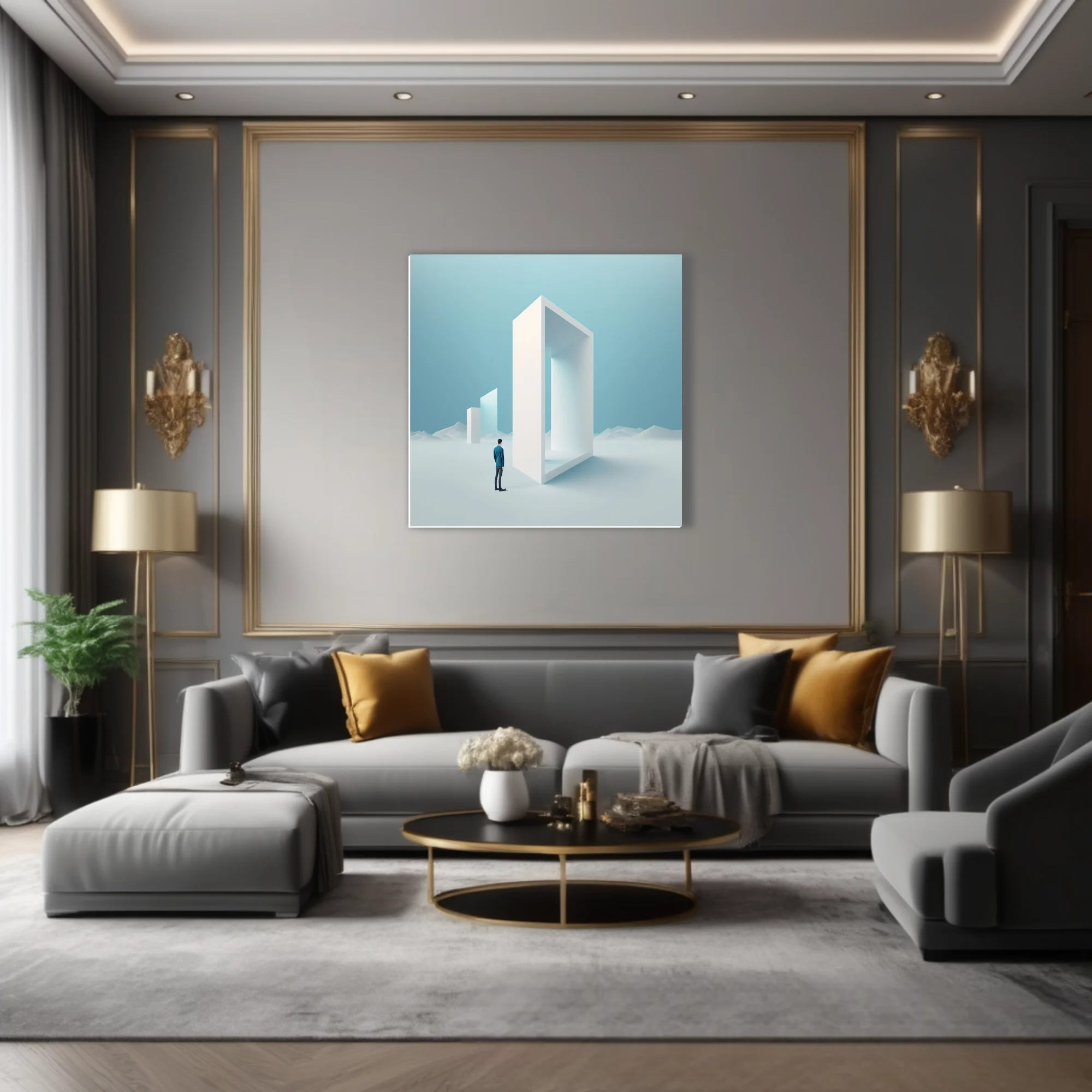 Minimalist dreamlike art — figure before giant white geometric portal, icy blue palette