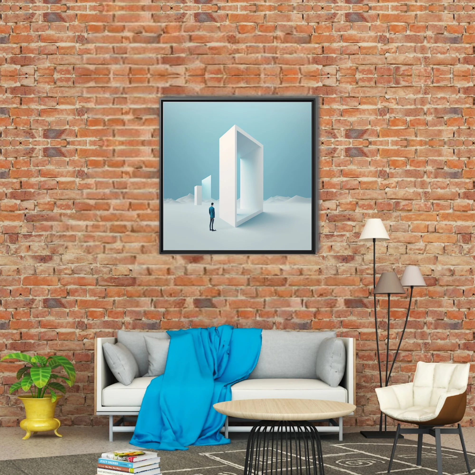 Minimalist dreamlike art — figure before giant white geometric portal, icy blue palette